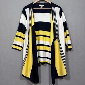 CJ Banks Open Front Cardigan XL Coastal Stripe Navy Yellow Retro Artsy Statement
